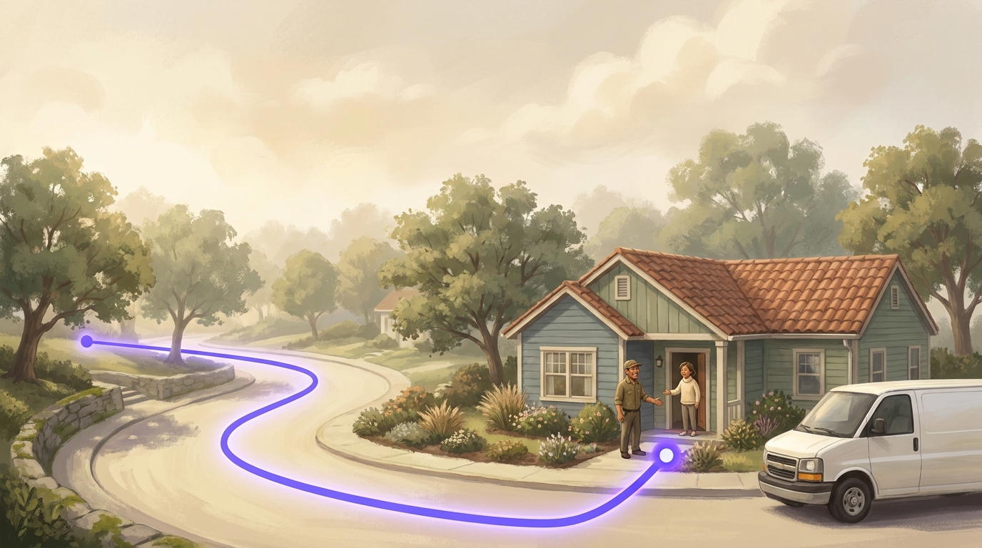 A service pro greeting a homeowner at the door, van at the curb, glowing route arriving